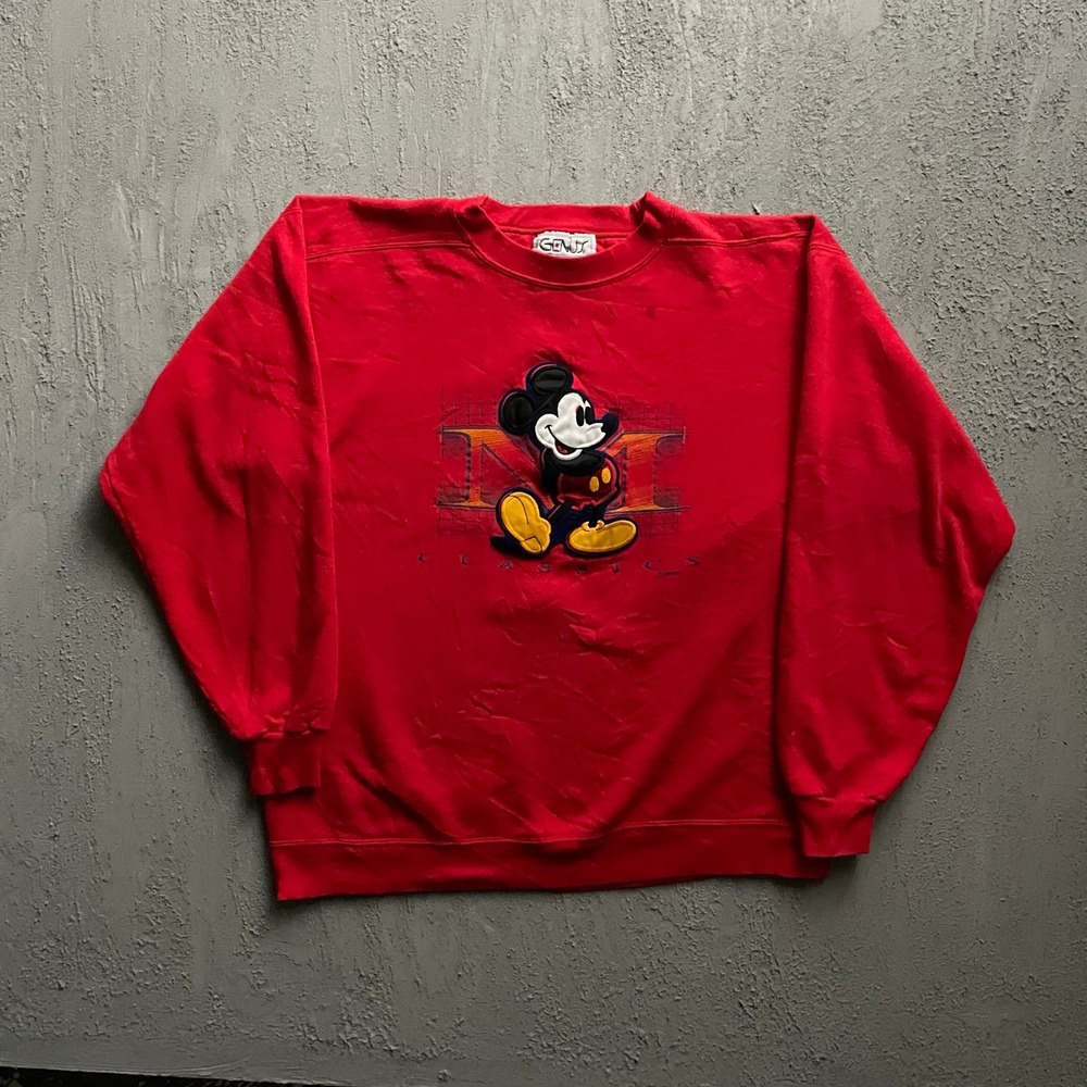 Vintage Mickey Mouse Embroidered Sweatshirt Mens Large Red 90s Genus